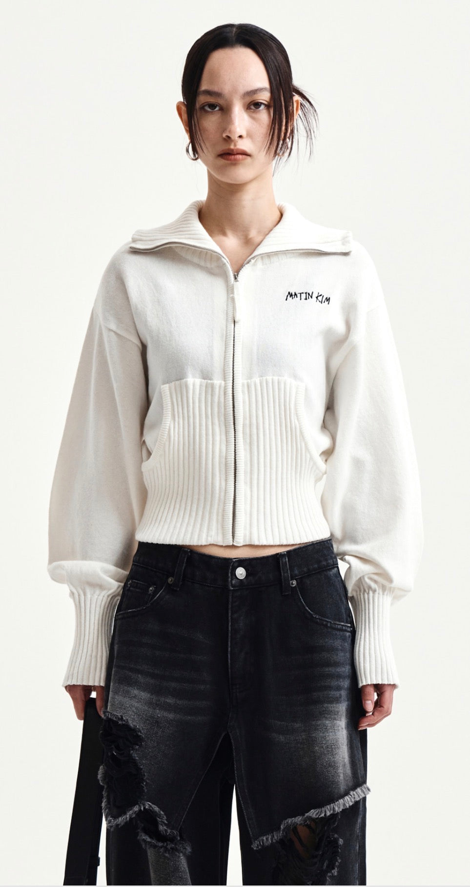 Matin Kim HIGH NECK EMBROIDERED LOGO ZIP UP FOR WOMEN IN IVORY