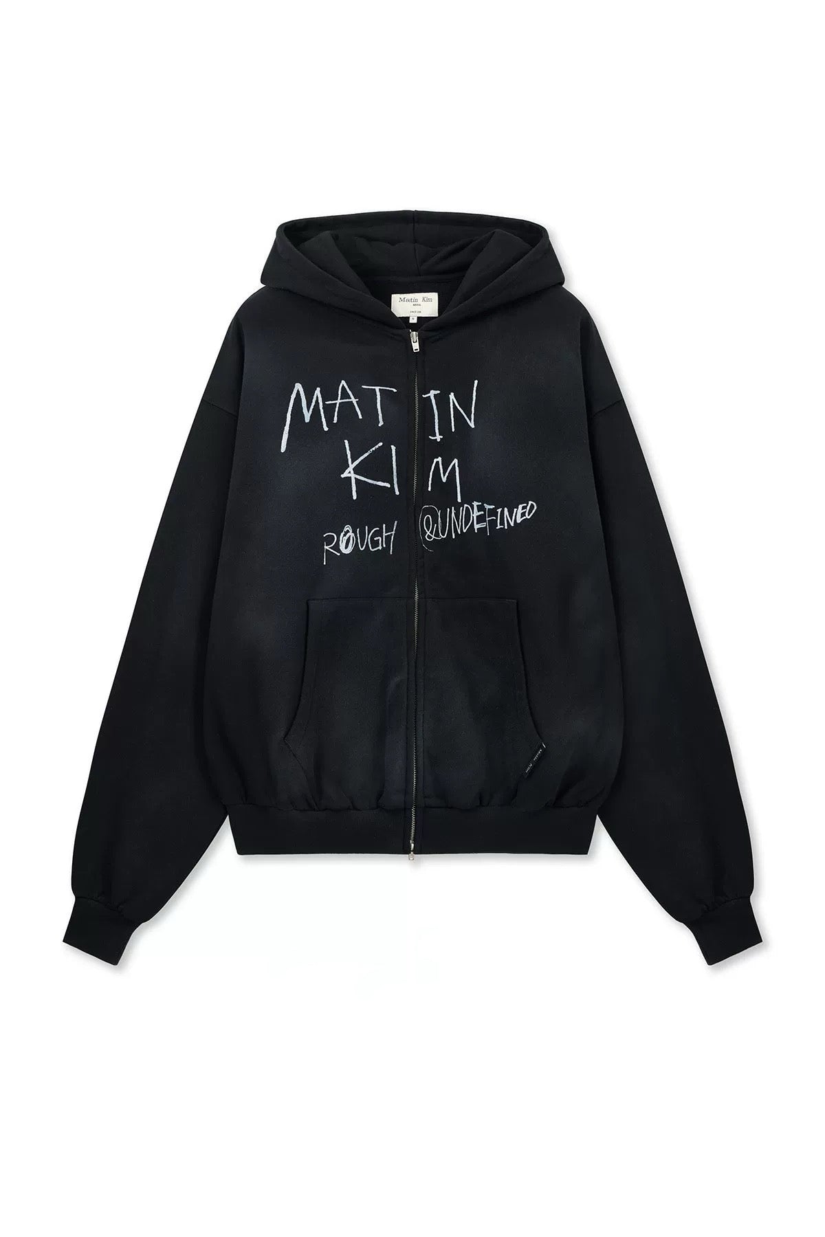 MATIN KIM Vintage Washed Graffiti Hoody Zip Up in Black