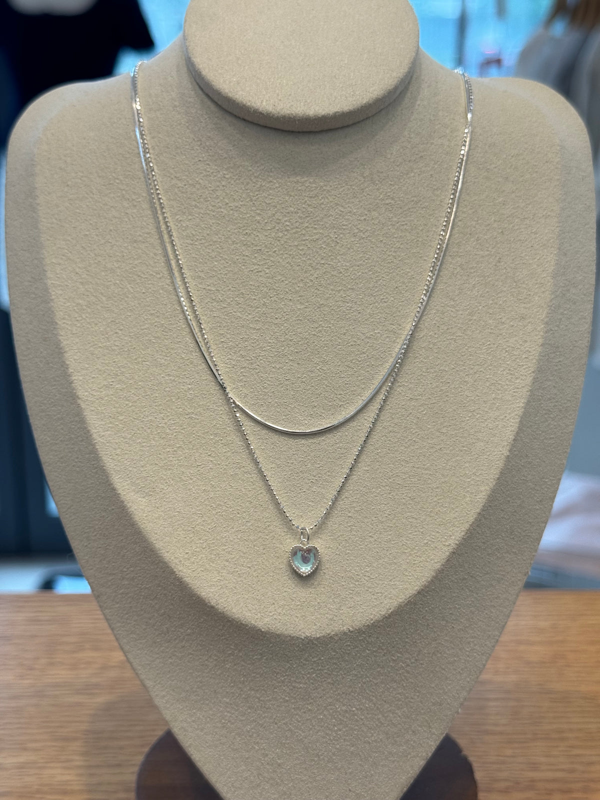 Pure silver blue heart double-layer necklace