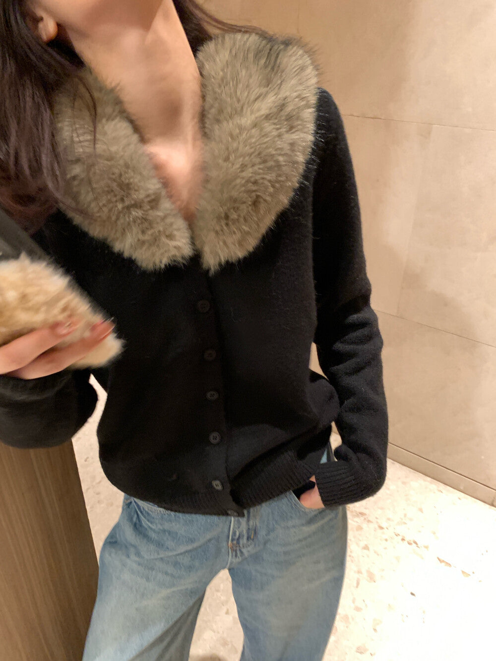 Faud fur collar cardigan