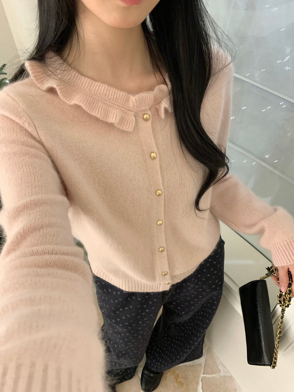 Ruffle collar golden button cardigan