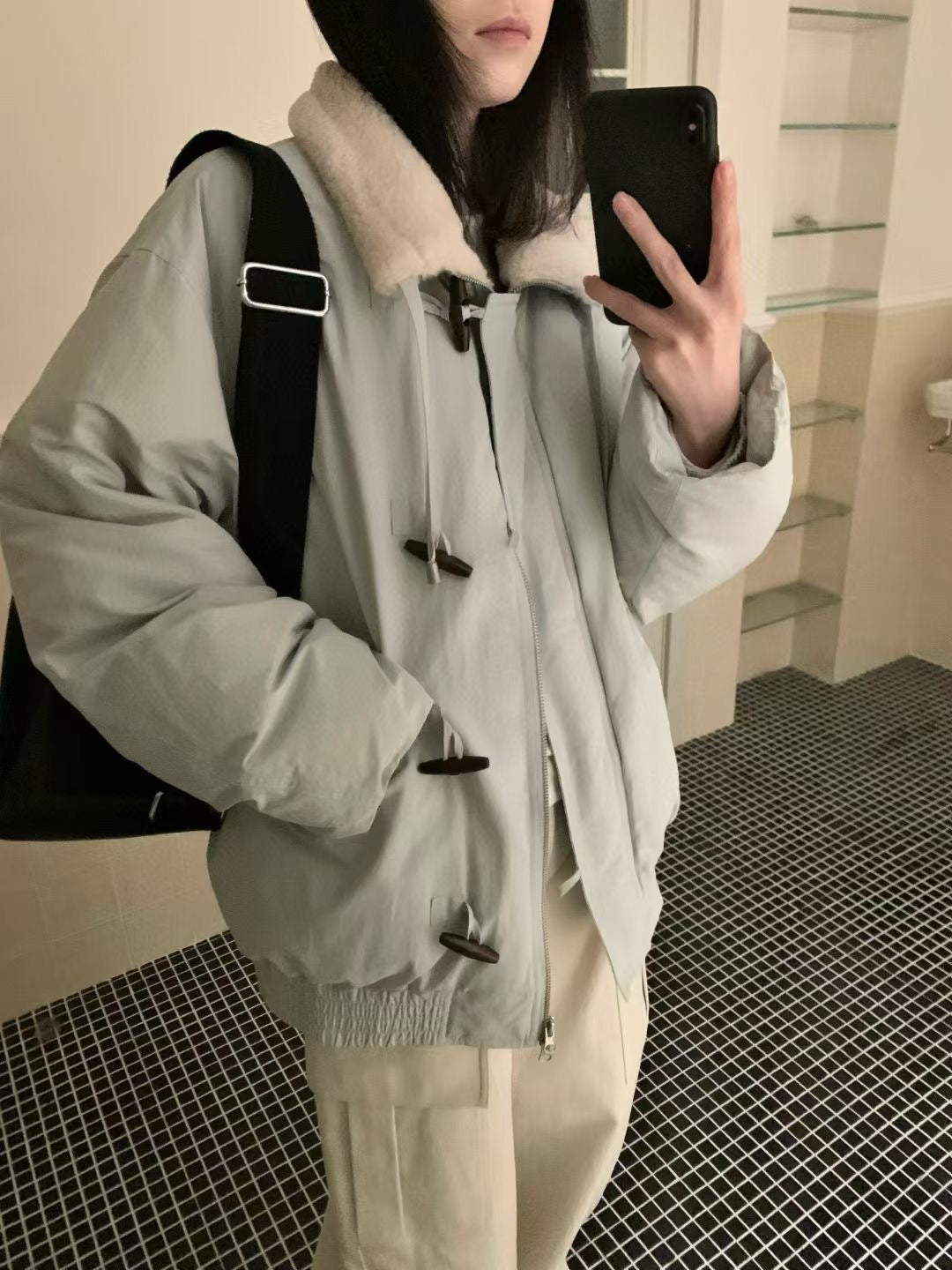 Lamb wool lapel horn button down jacket