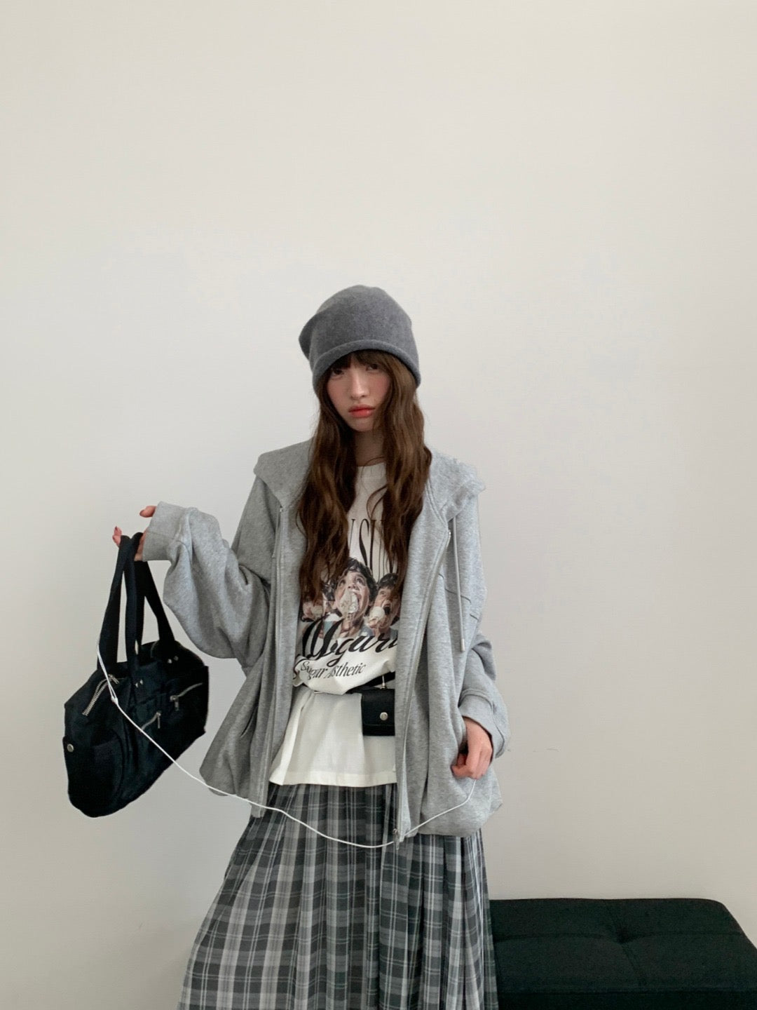 Gathered Hem Zip Up Hoodie