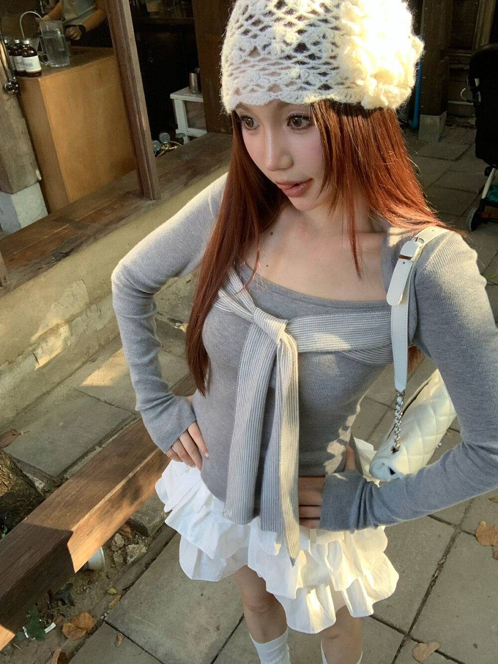 Belted double-piece knitted top sweater