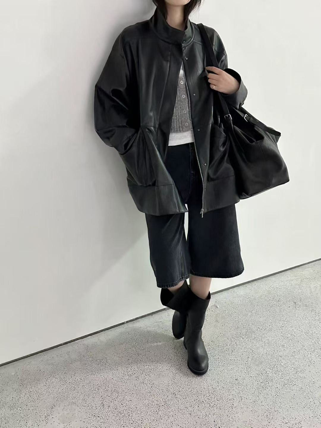Stand collar faux leather jacket