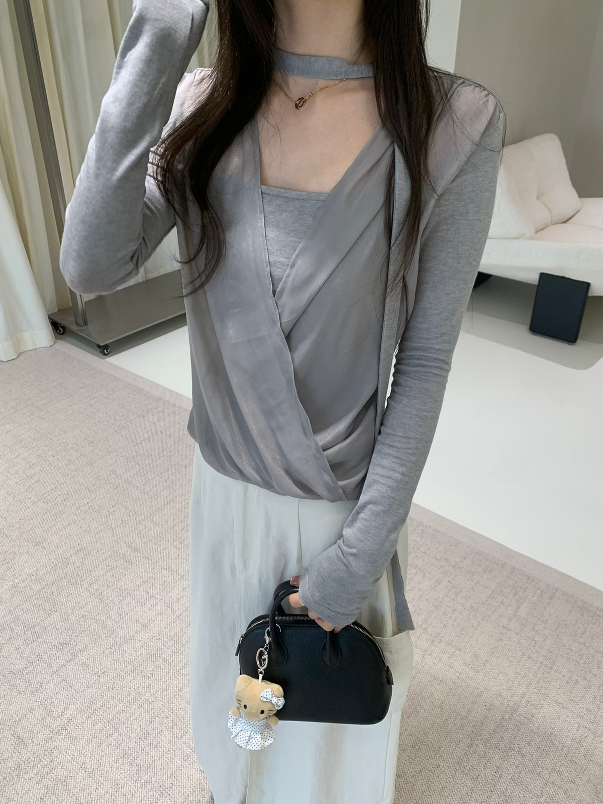 Chiffon V-neck top with scarf