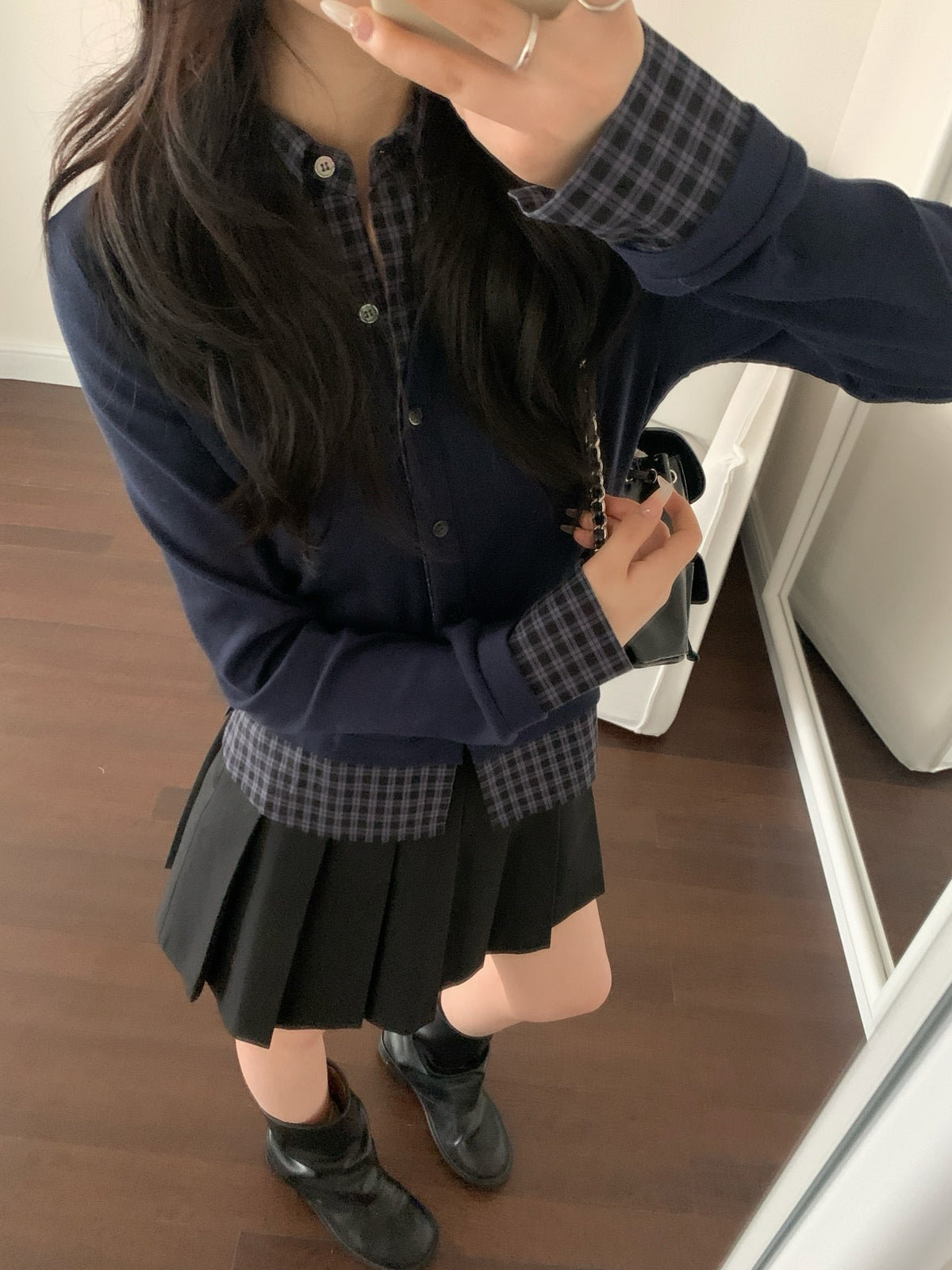 Shirt-style patchwork fake two-piece cardigan