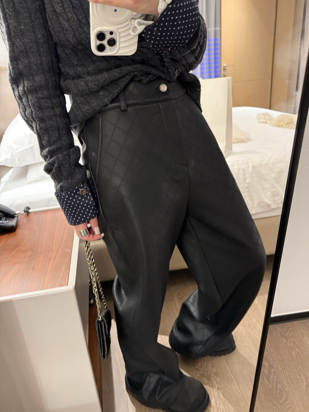 Fleece faux leather pants