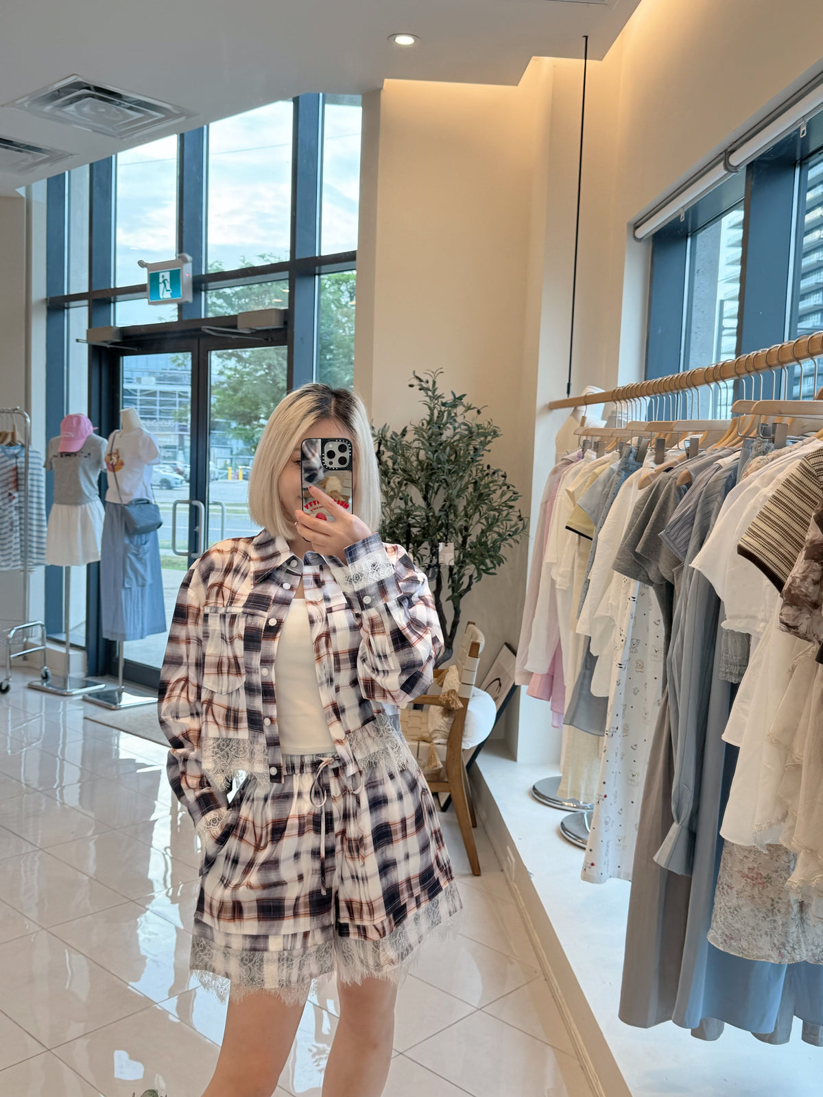 Lace checkered short-sleeved shirt