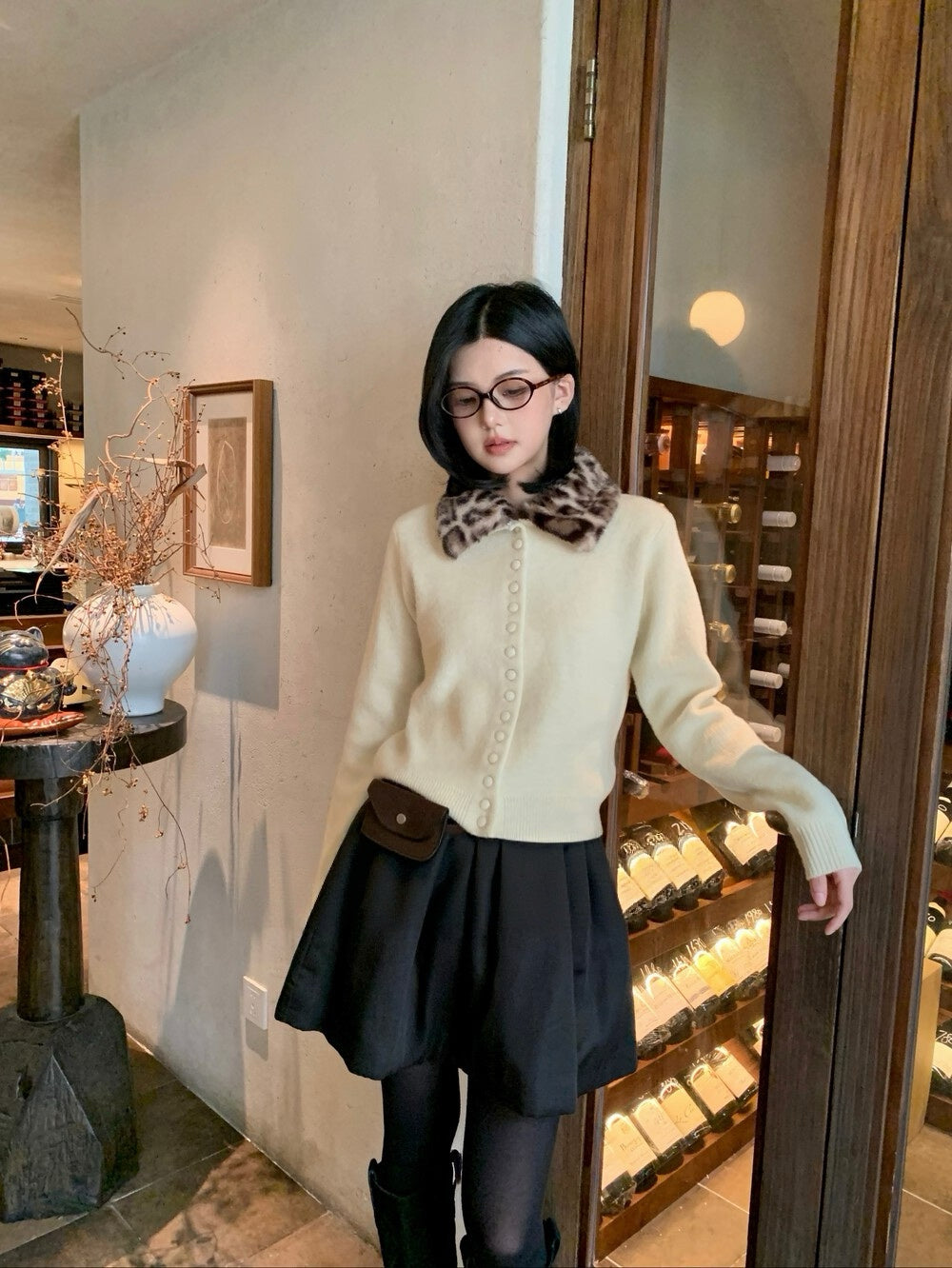 Faux fur leopard collar cardigan