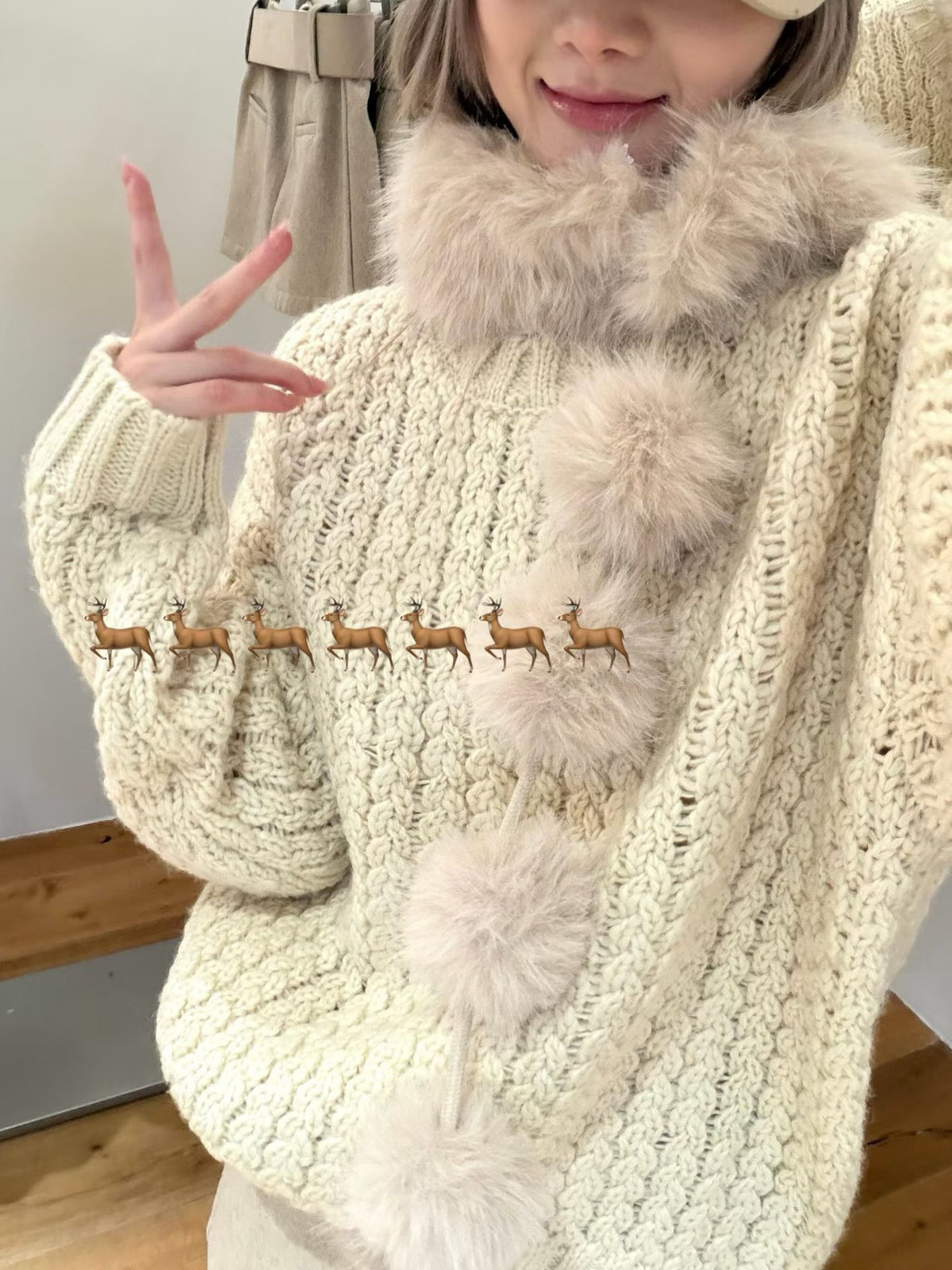 Vintage twist sweater with faux fur pom pom scarf