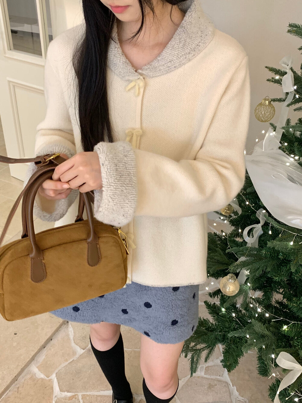 Bowknot button collar cardigan