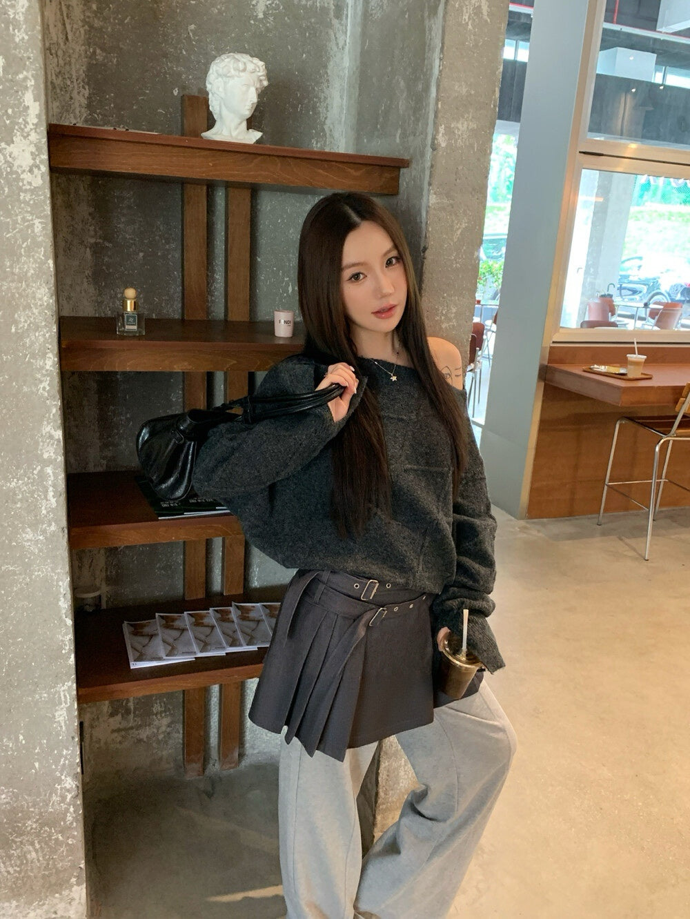 Waffle-style one-shoulder sweater