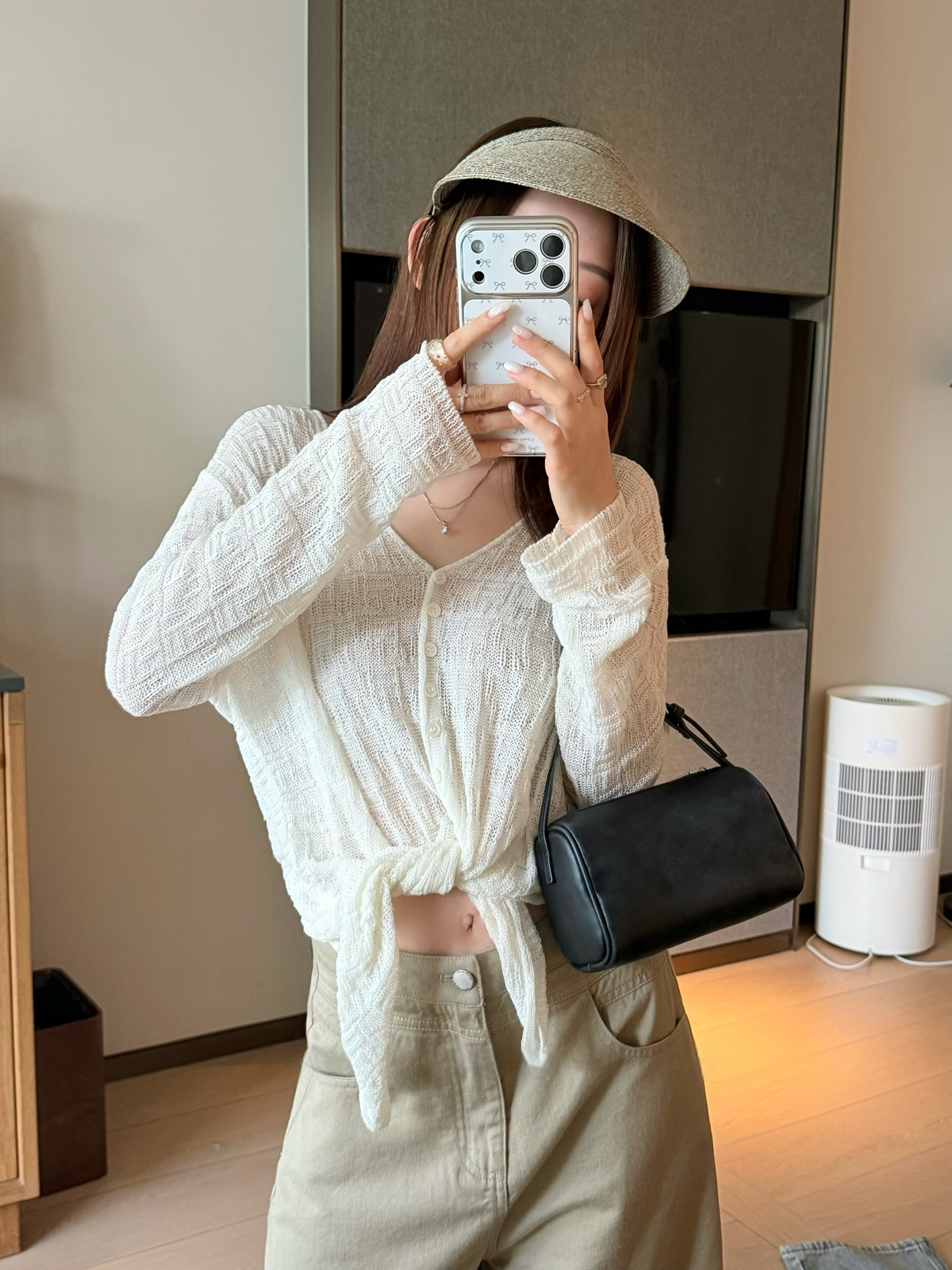 Textured tied knit cardigan