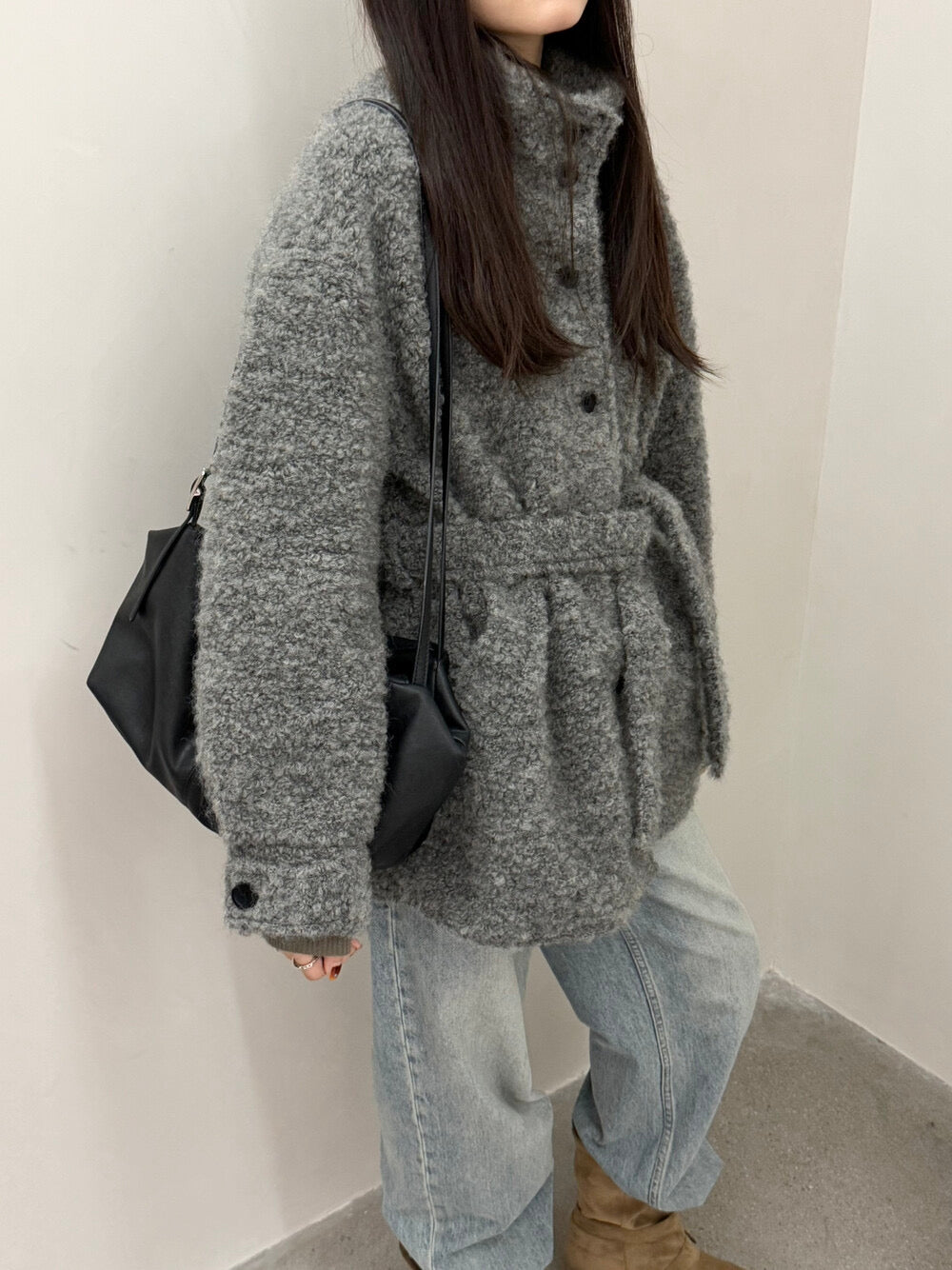 Stand collar looped wool belt coat