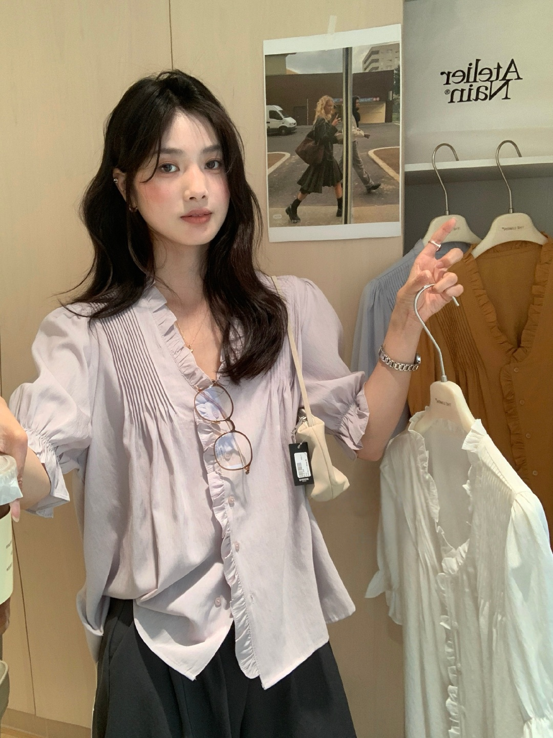 Ruffle collar puff sleeve shirt