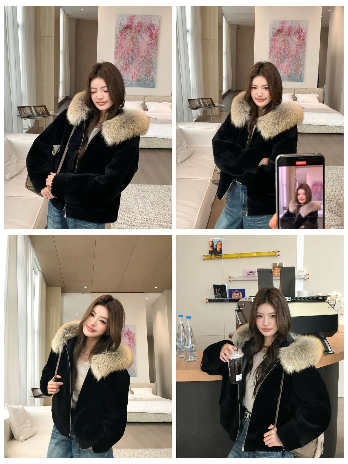 Wool hoodie cardigan with fox fur （Black）