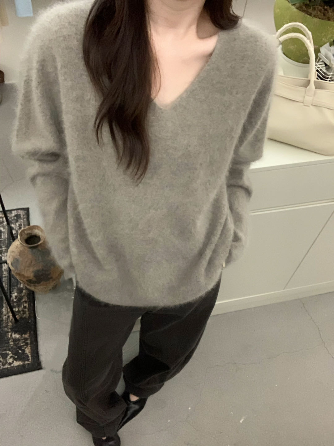 V-neck fluffy sweater