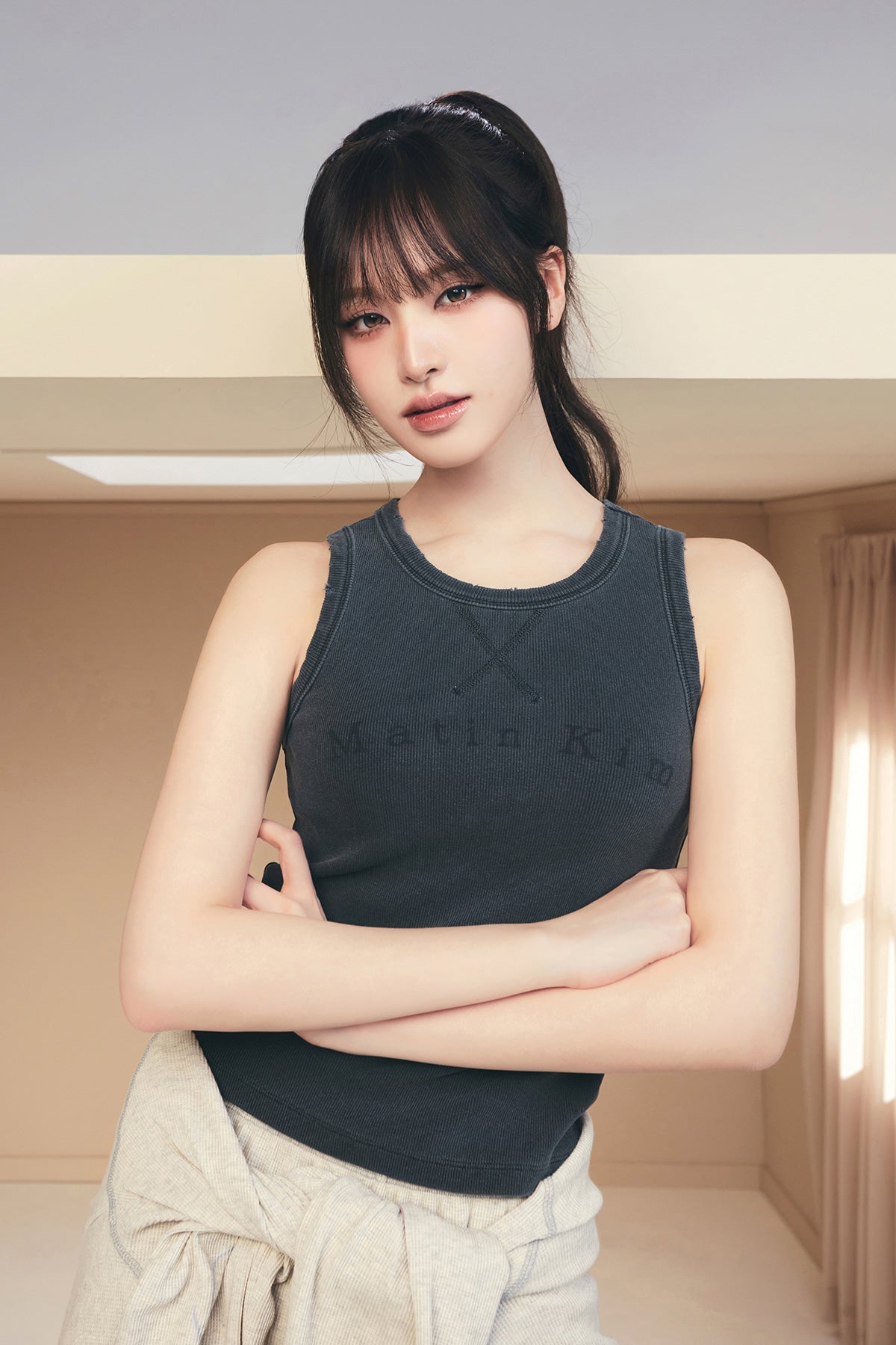 MATIN KIM DISTRESSED SLEEVELESS LOGO TOP IN CHARCOAL