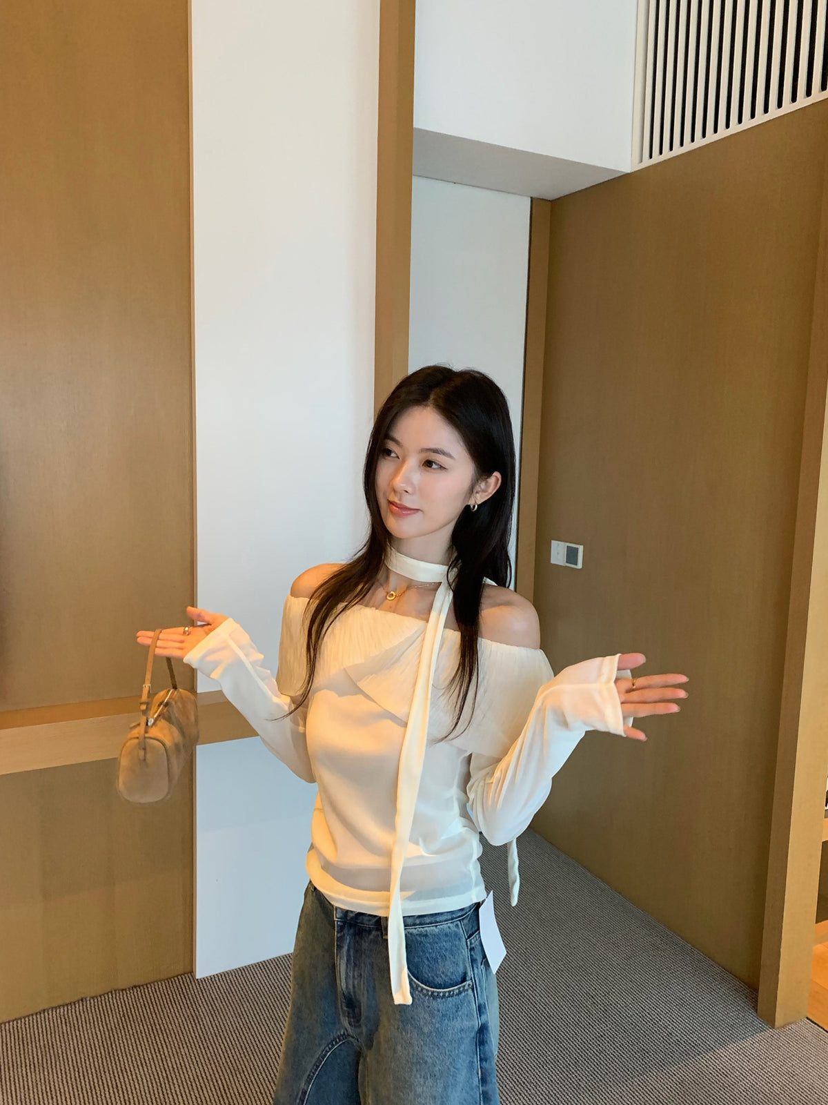 Petal off-shoulder top with belt