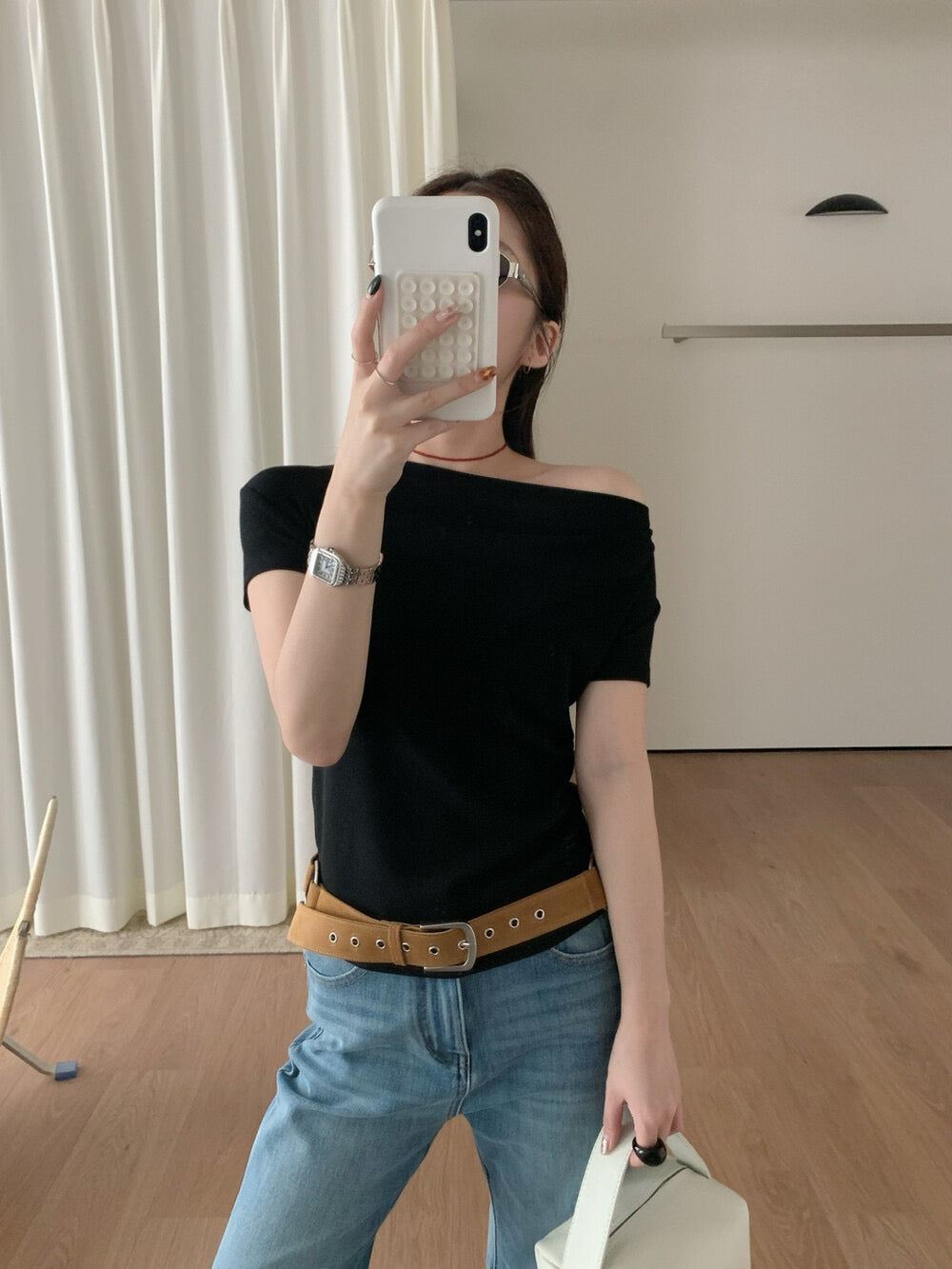 Draped-neck 2-way T-shirt