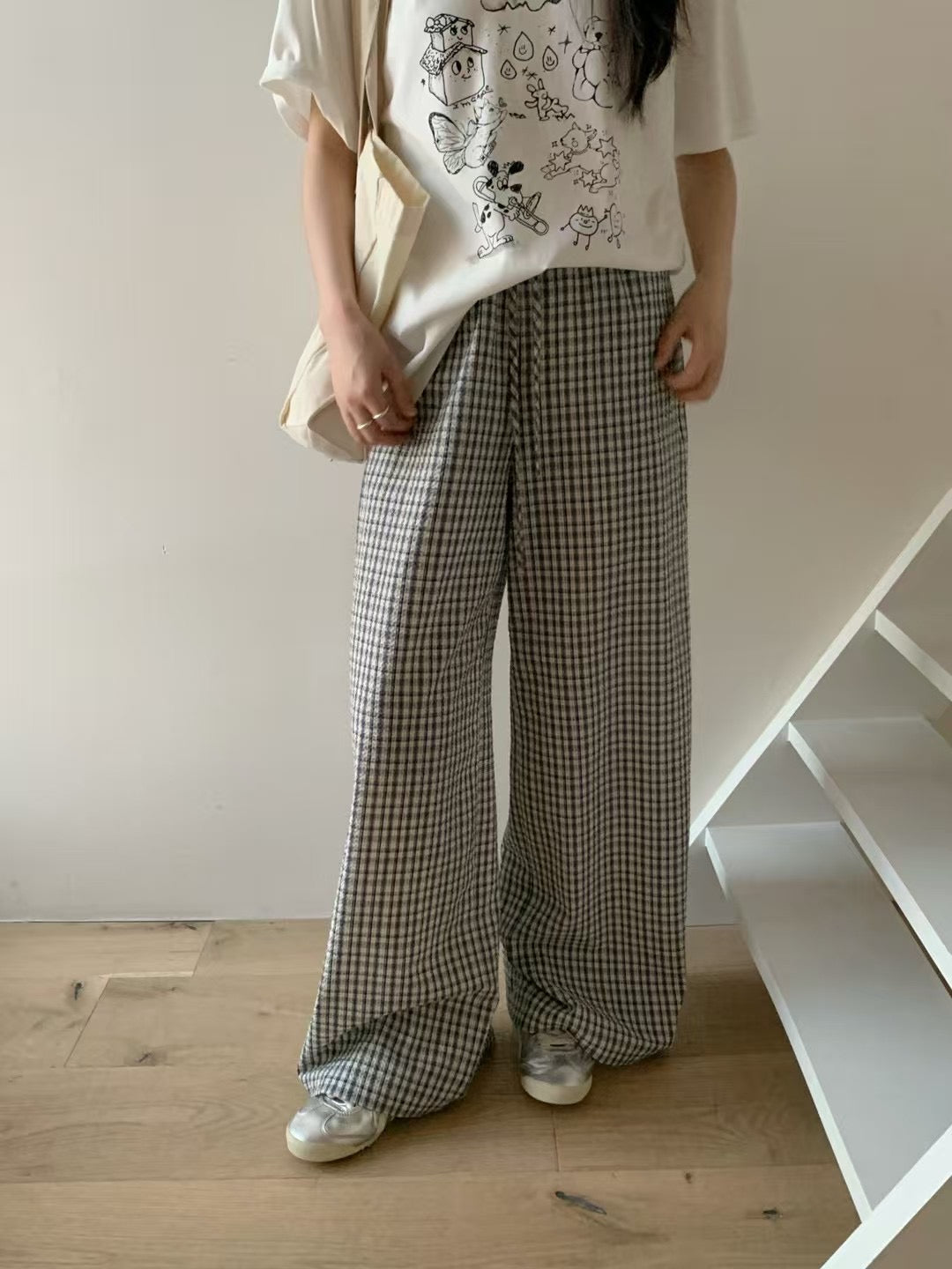 Checkered string straight pants