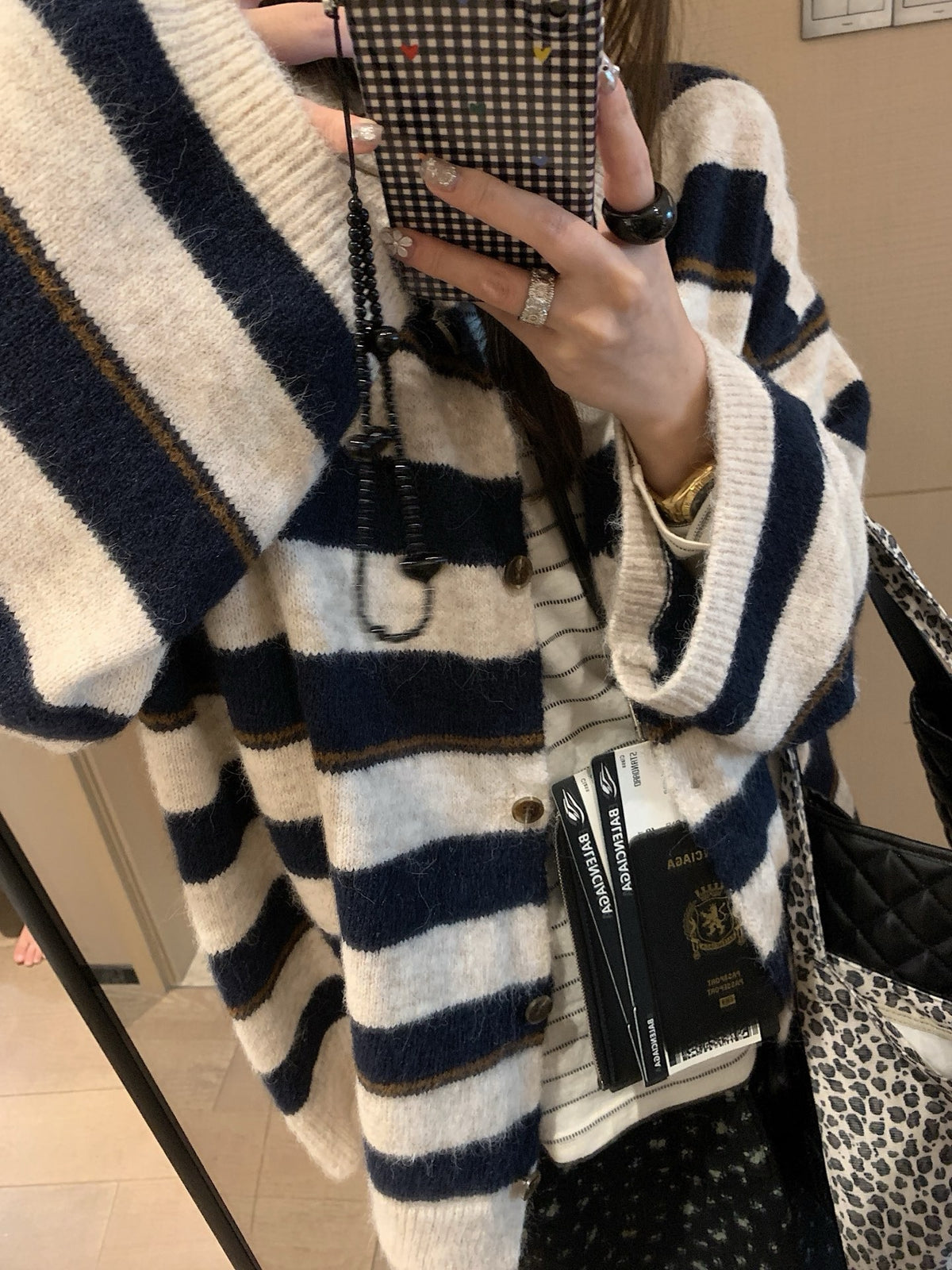 Stripe lantern sleeve cardigan