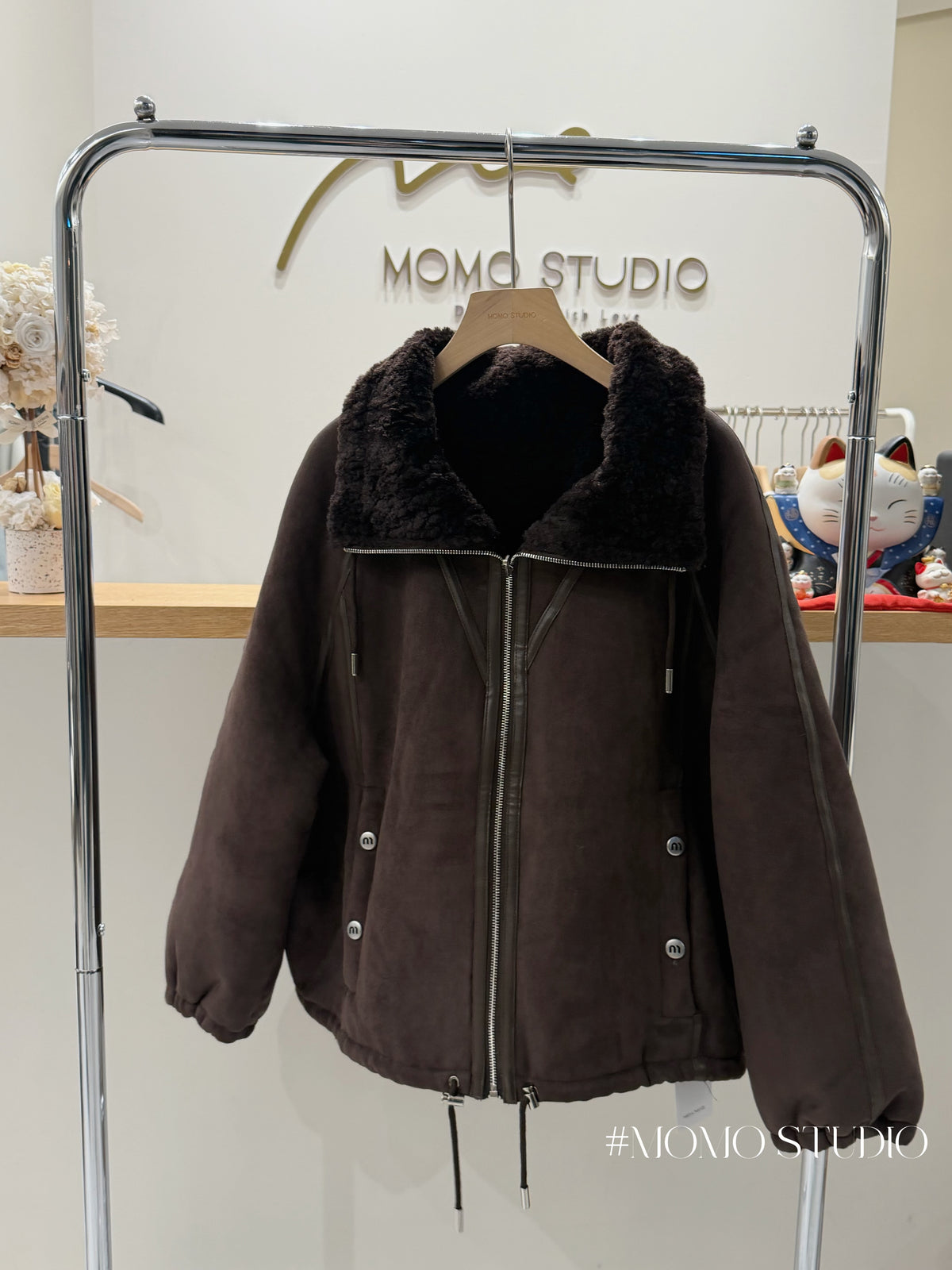 Zip-up double-sided fur-coated one-piece coat (mid-long)