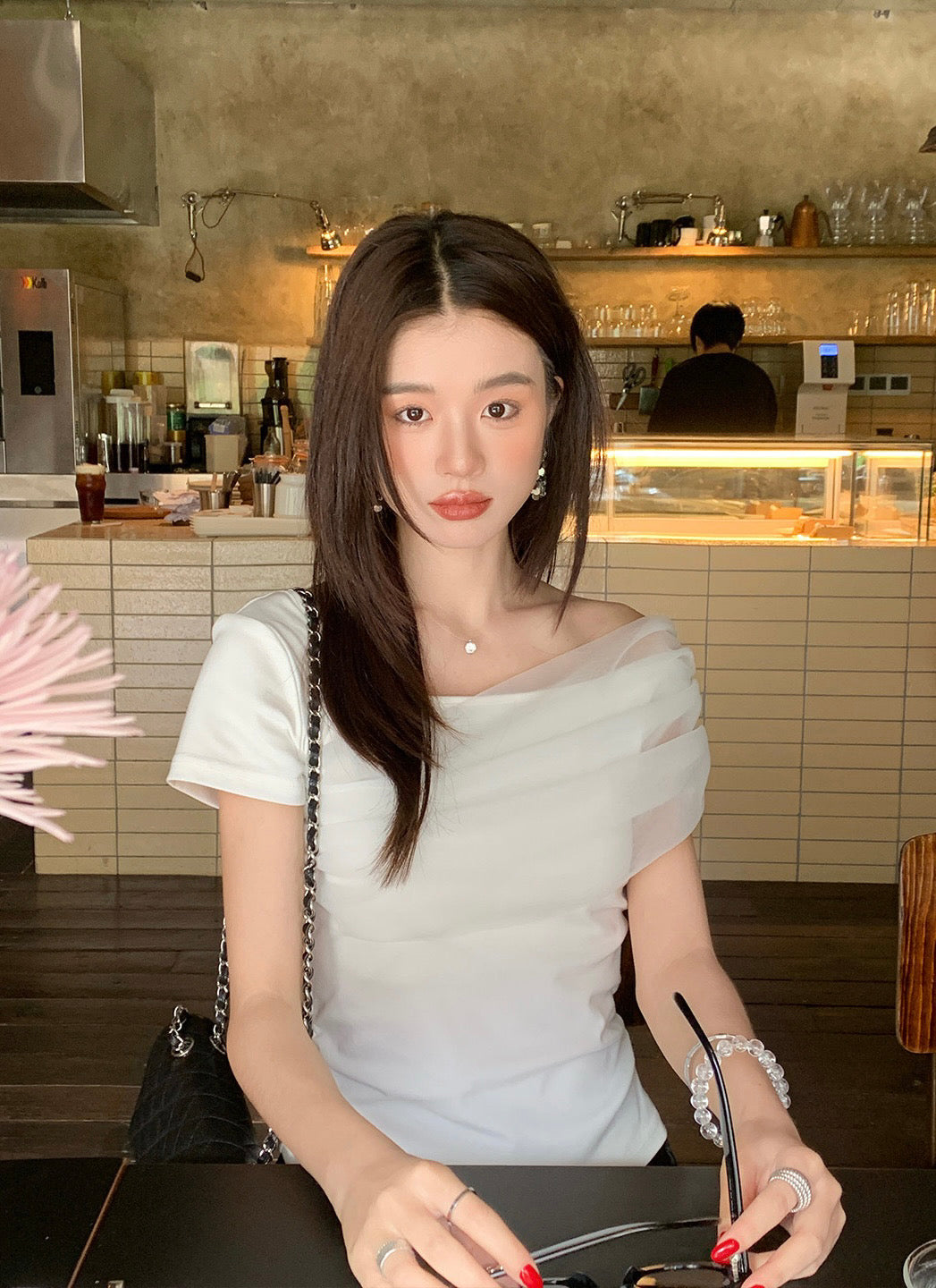 Mesh off shoulder T-shirt