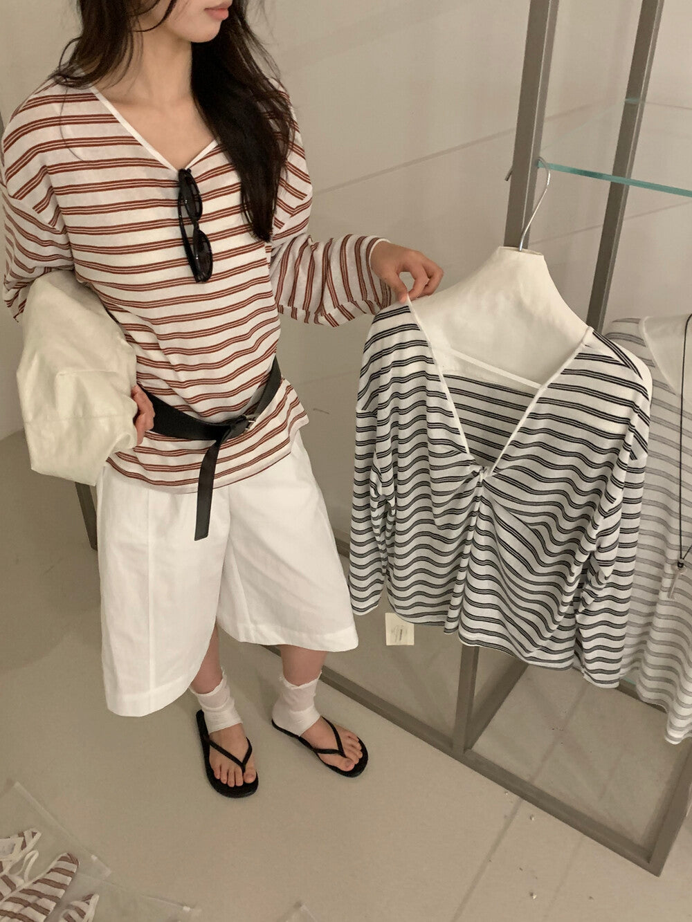 Twist back stripe long sleeve shirt
