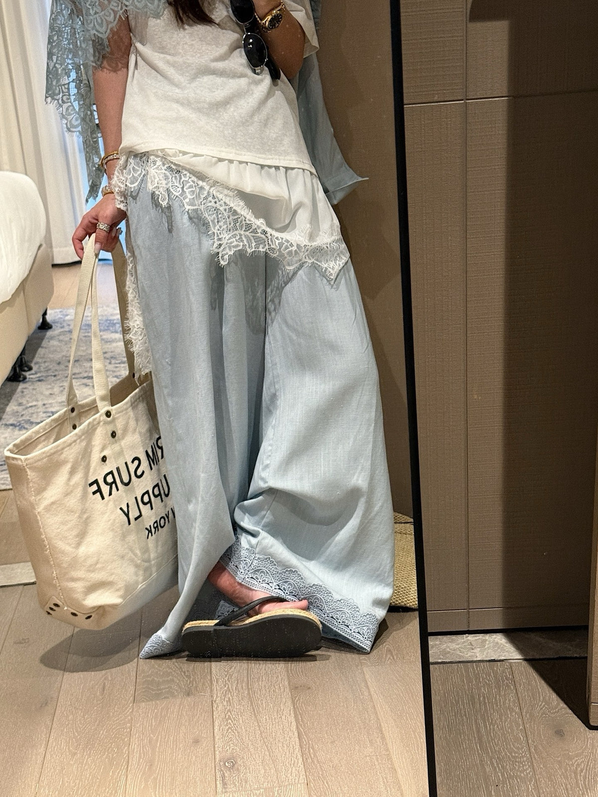 Lace trim linen blend pants