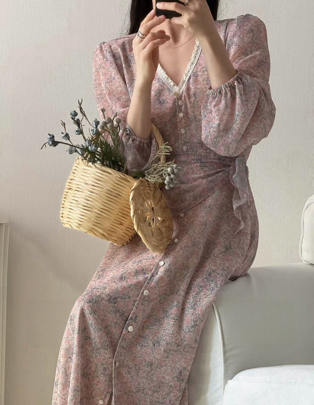 IMISSYOU V-neck lace trim button long dress with scarf in Pink