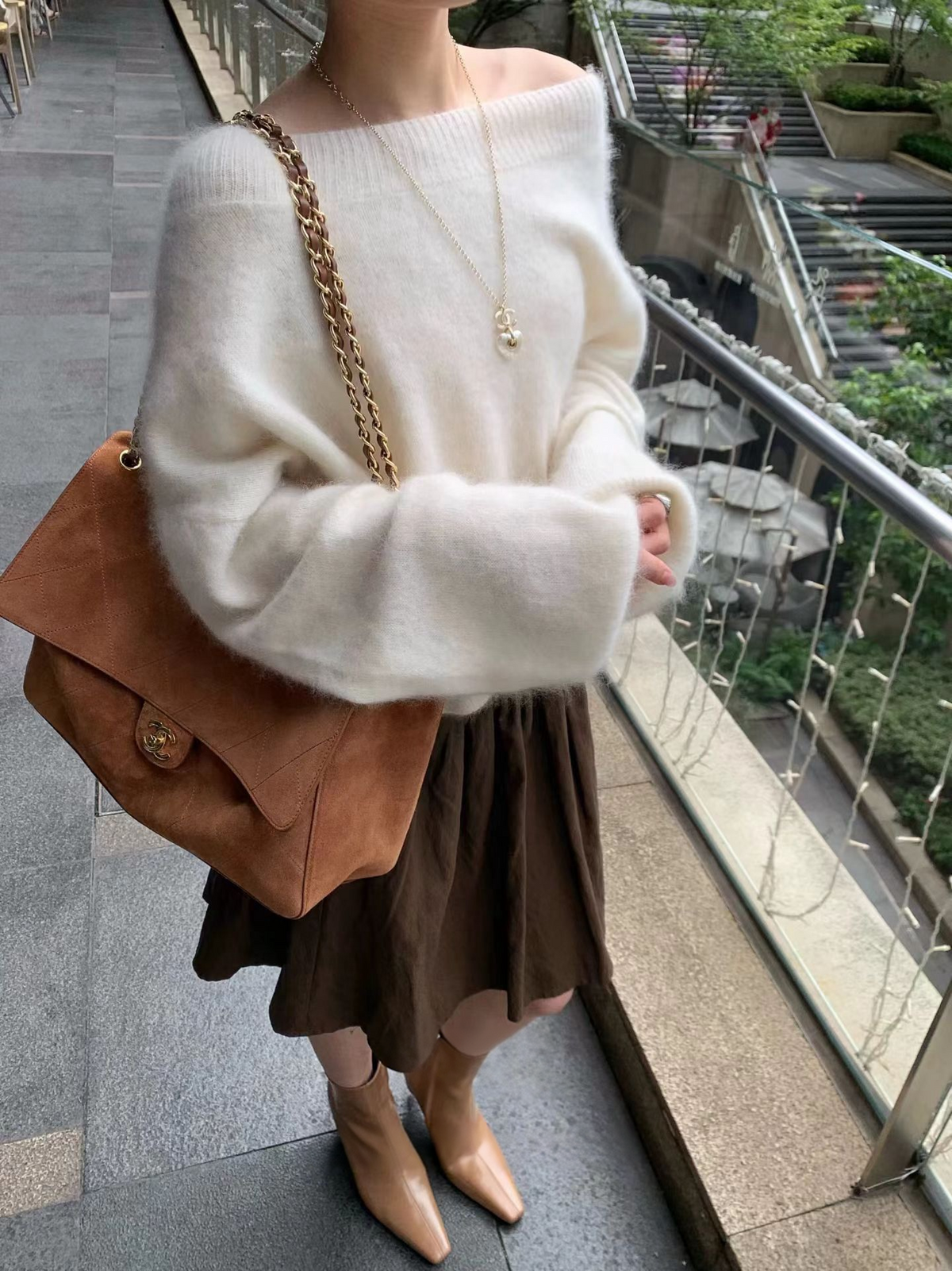 Off shoulder fuzzy sweater