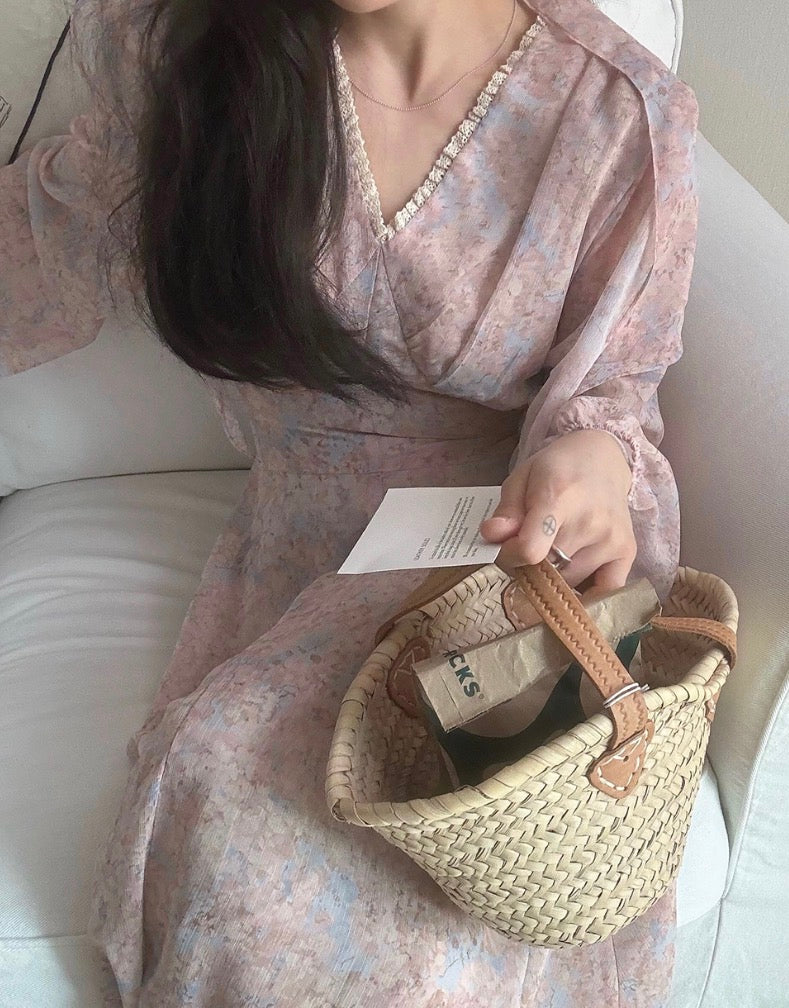 IMISSYOU V-neck lace trim long dress with scarf in Pink