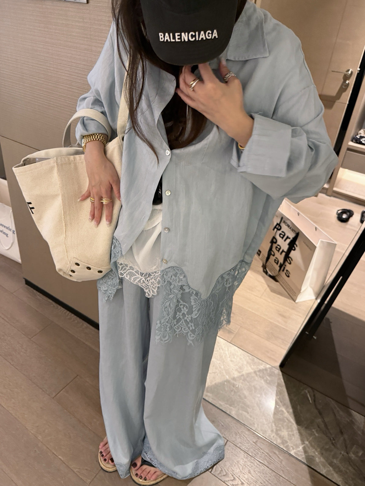 Lace trim linen blend shirt