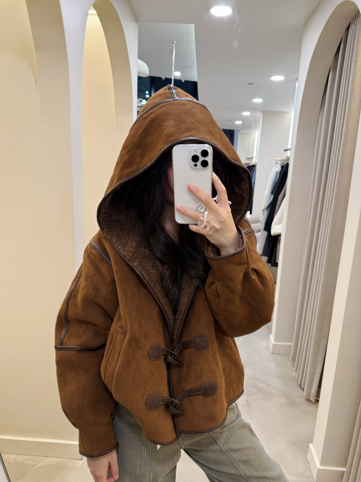 Faux suede shearling-lined toggle jacket