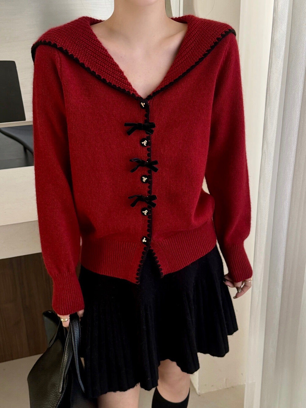 Bowknot button folded collar cardigan