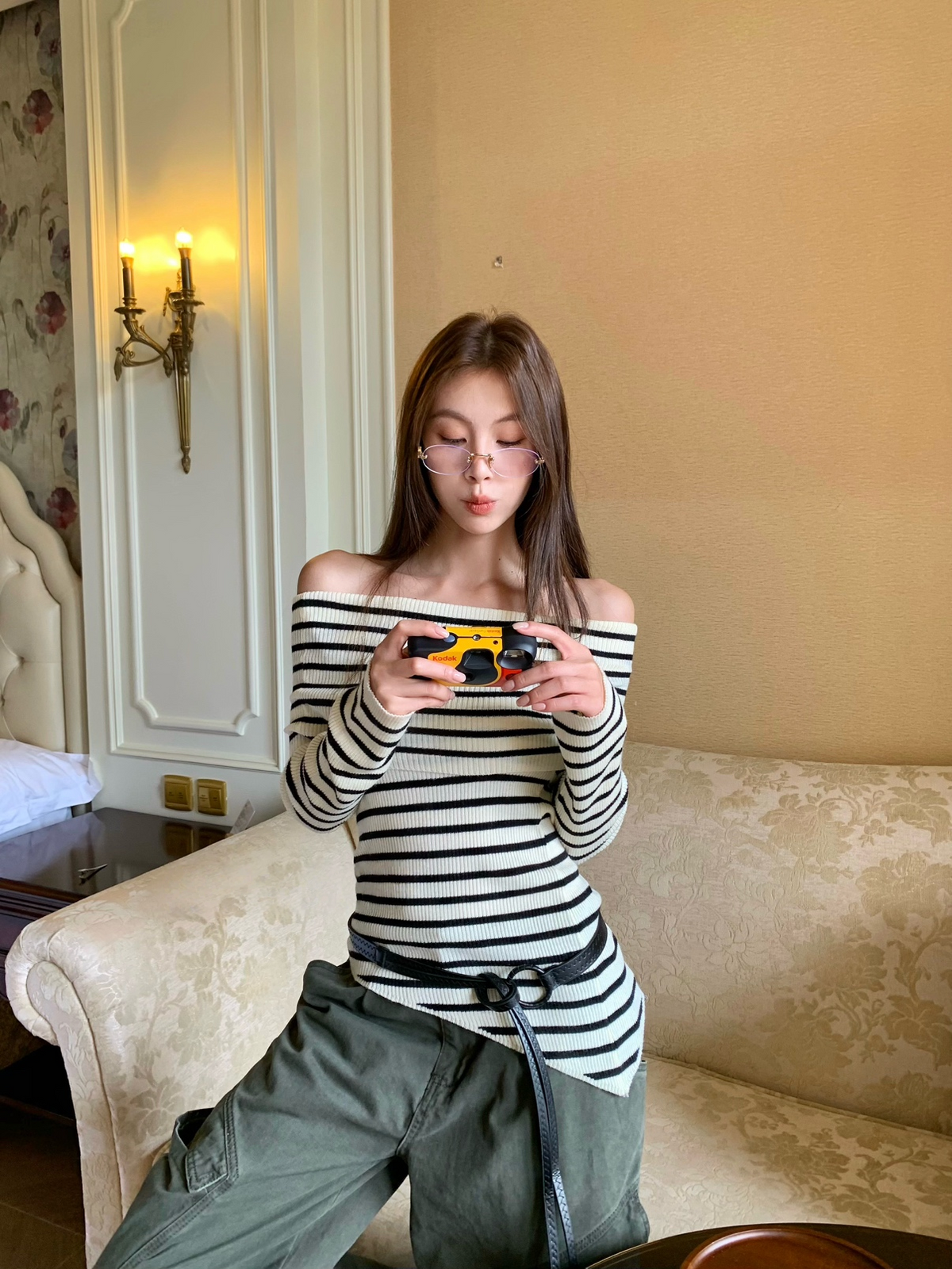 Stripe off shoulder knit top with belt