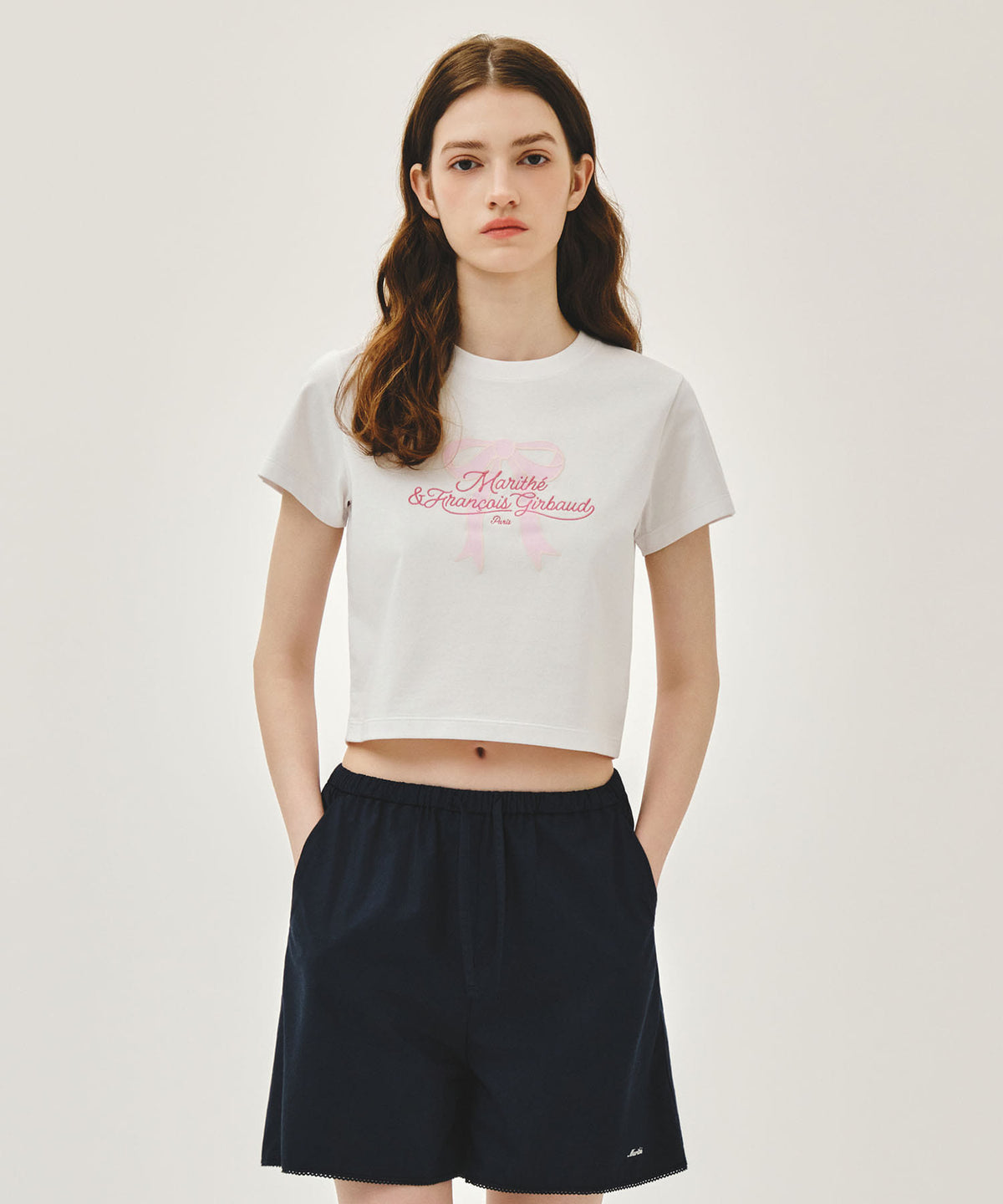 MARITHE FRANCOIS GIRBAUD W SORONA COOL RIBBON GRAPHIC CROP TEE white