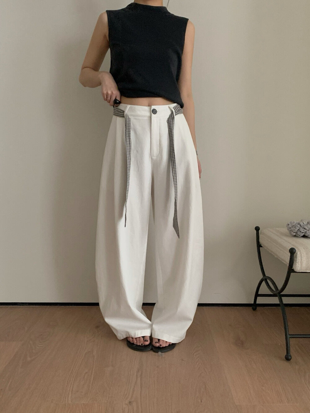 Checkered belt machete casual pants