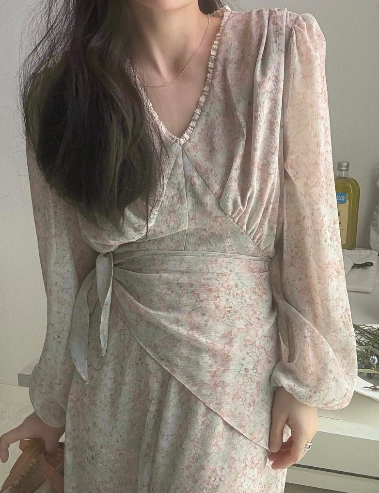 IMISSYOU V-neck lace trim long dress with scarf in Sage Green