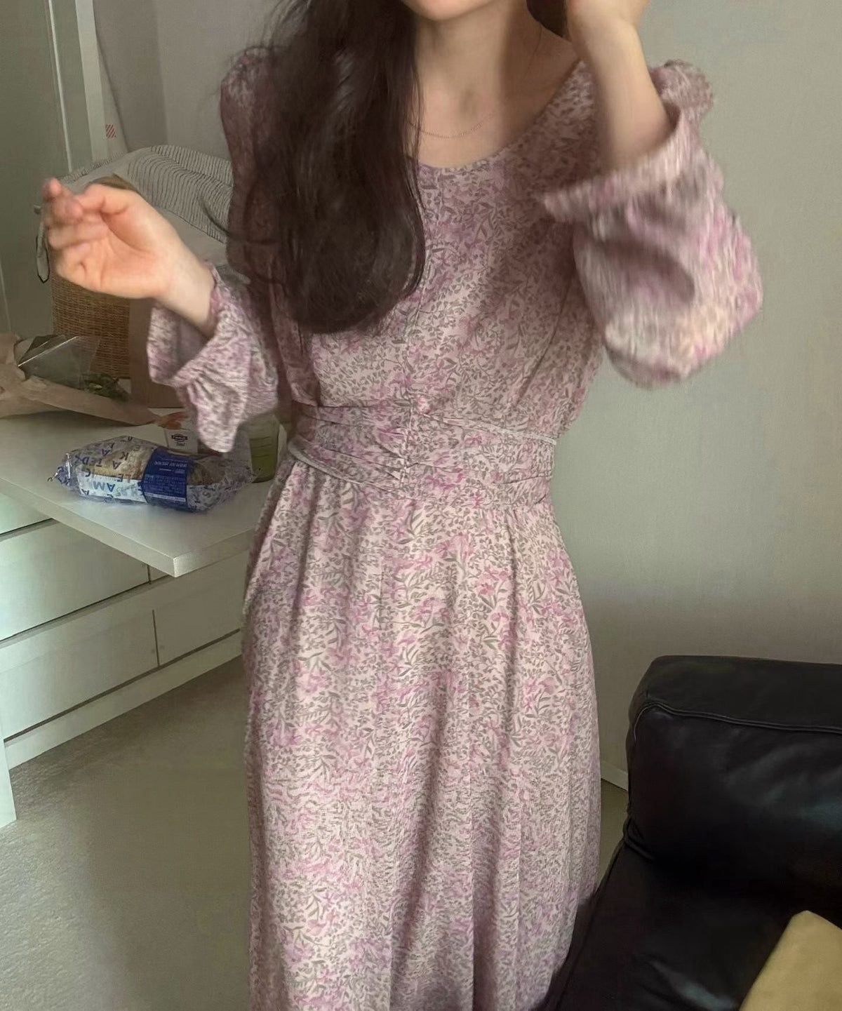 IMISSYOU wrinkle waist floral long dress in New Pink