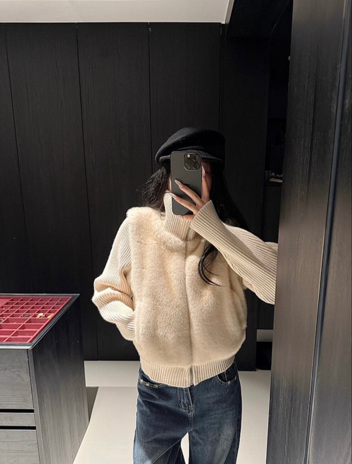 Eco-fur stand collar zipper cardigan