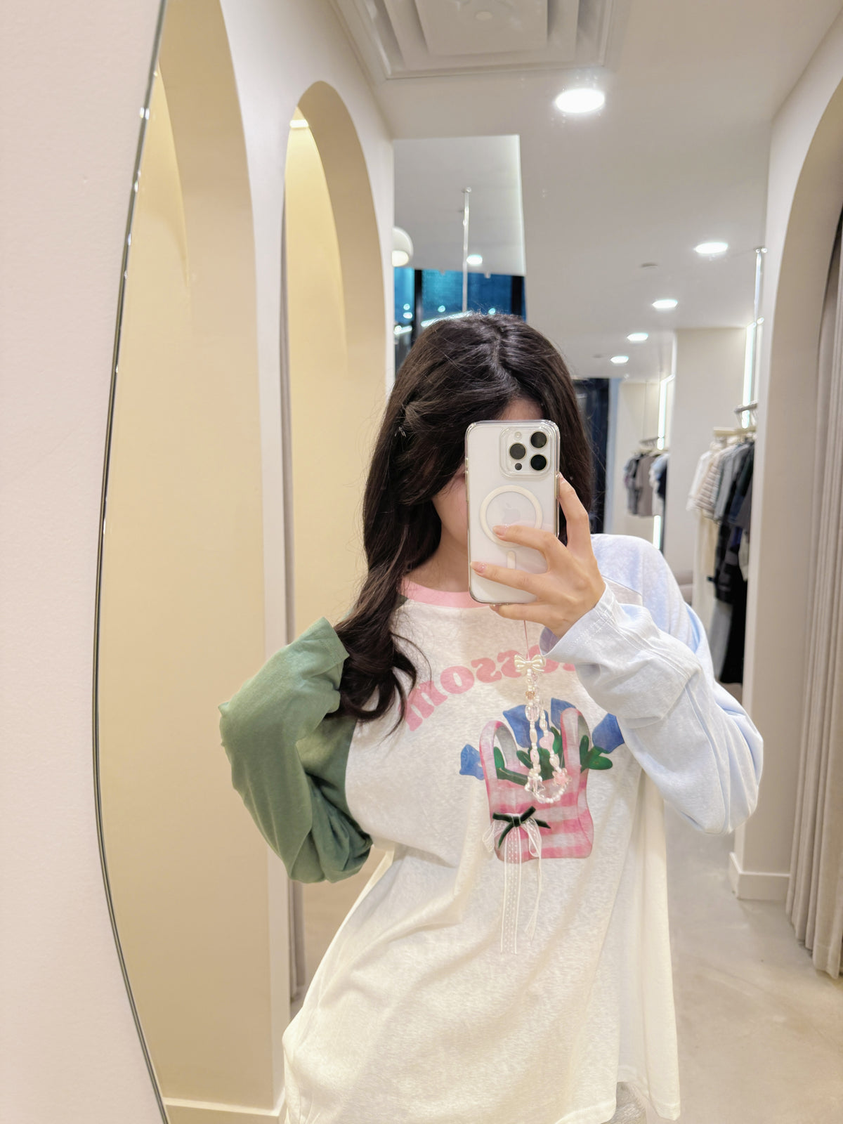 Crossover color flower bag long sleeve T-shirt