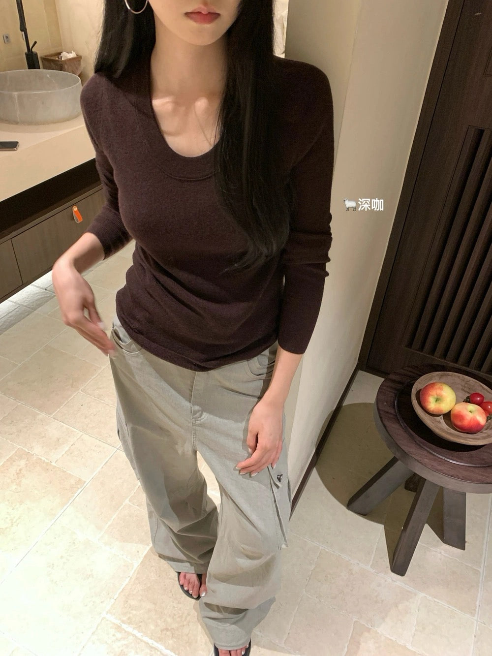 Deep U-neck wool blend knit top（16 Colors）