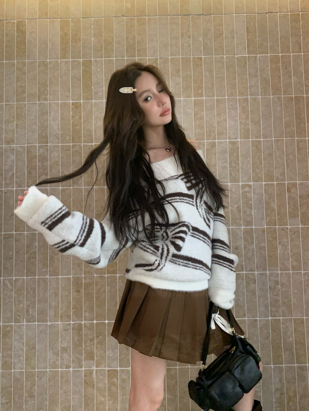 Bowknot faux mink fur off-shoulder sweater