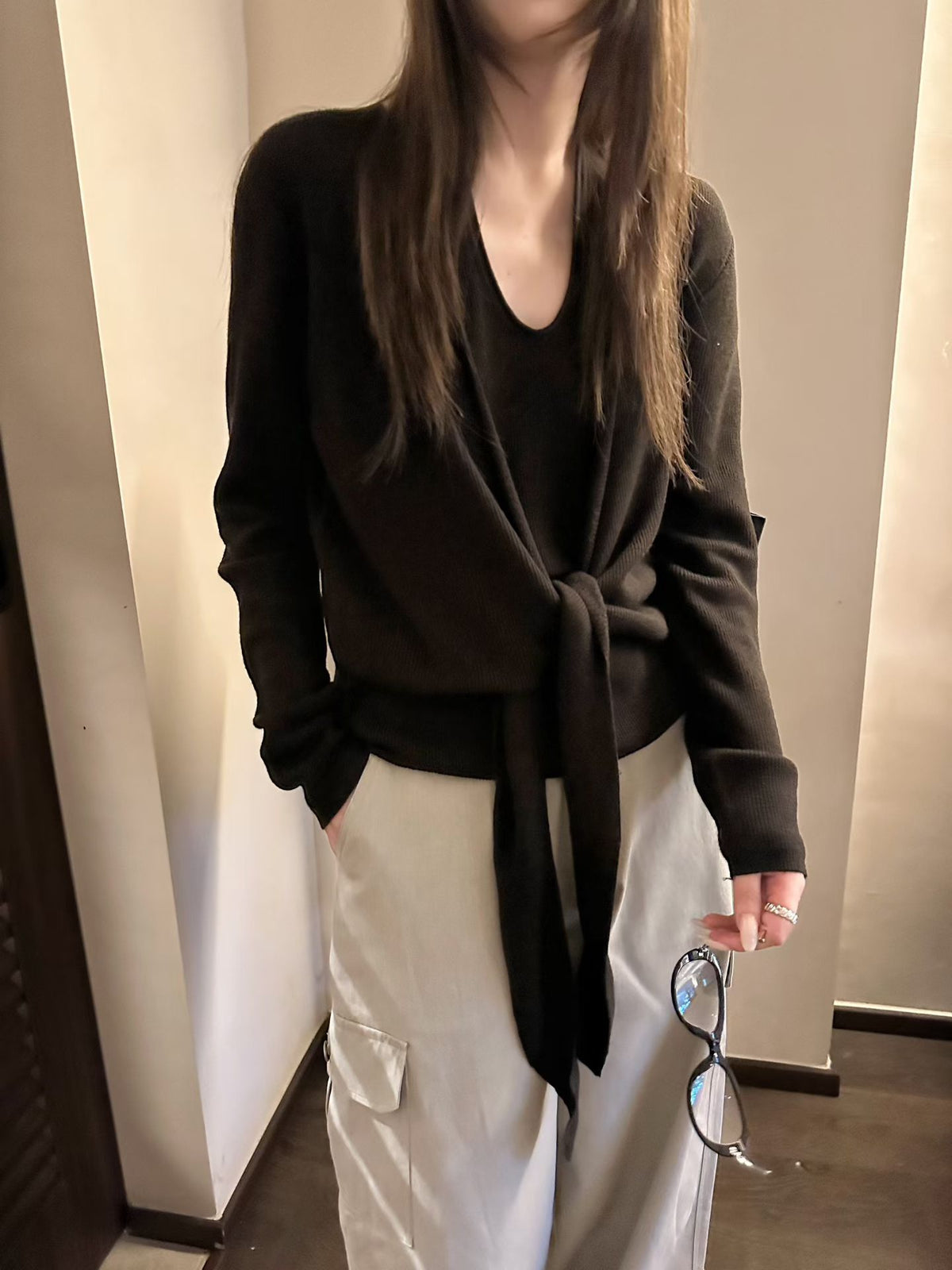 Fake 2-piec tied cardigan