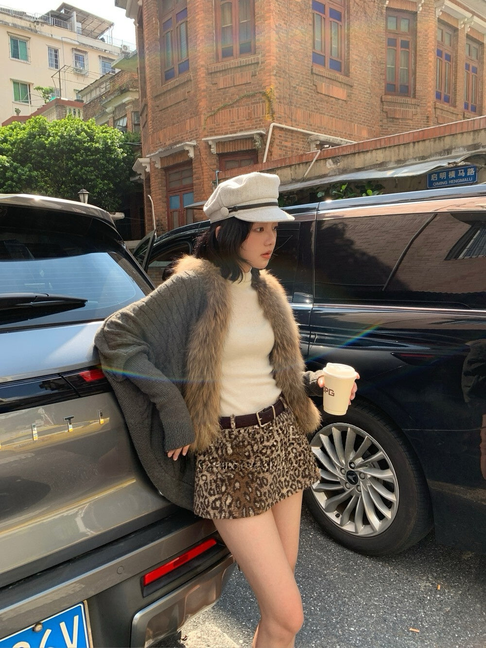 Fur trim twist cardigan