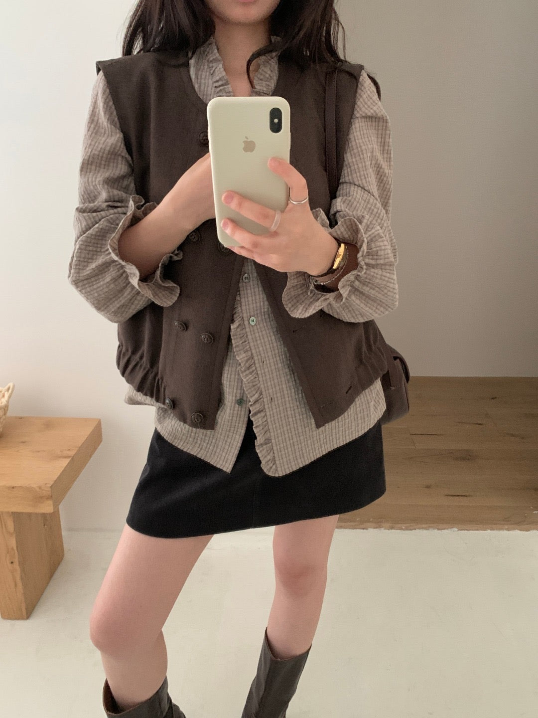 Double-breasted checkered patchwork vest