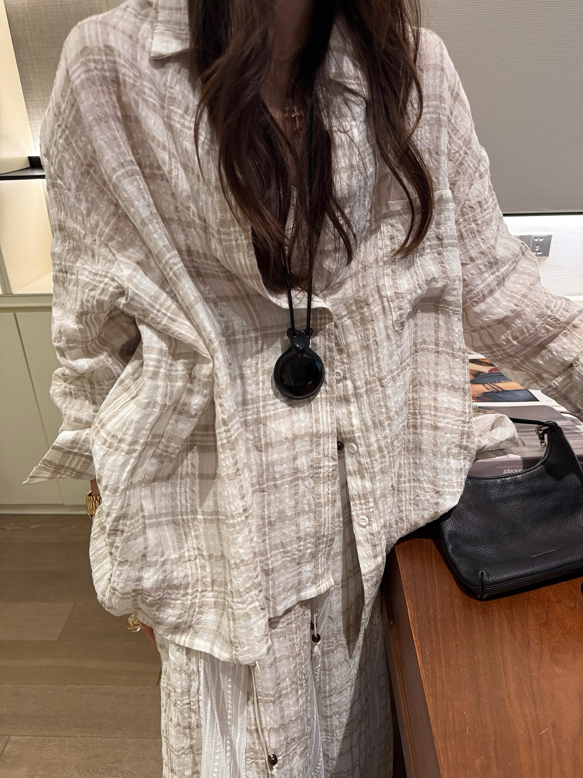 Plaid textured lace back shirt